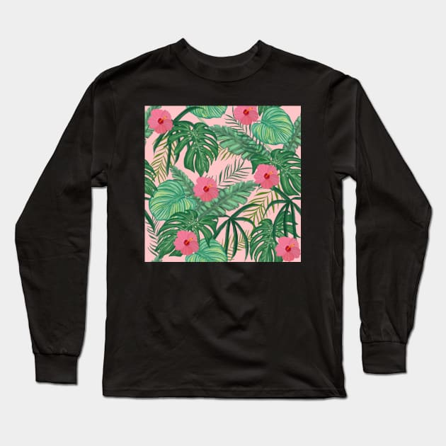 Hawaii Tropical Exotic Monstera Green Leaves with Hibiscus Flowers Pattern Long Sleeve T-Shirt by silviaol